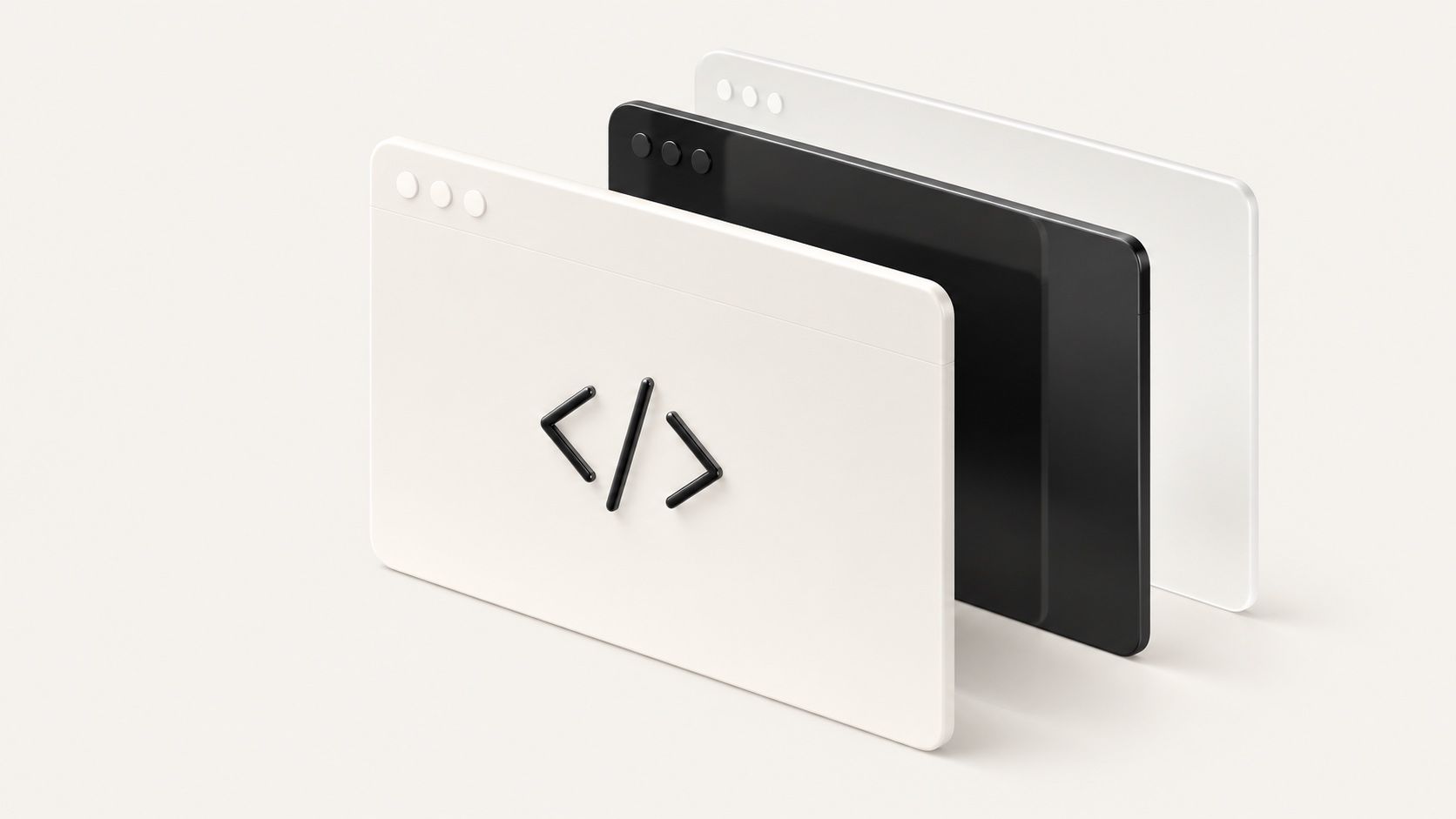 Hintereinander stehende Browserfenster mit Code-Symbol